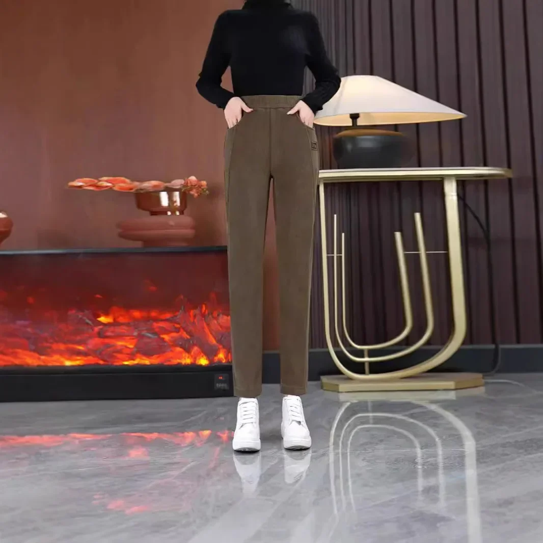 سراويل تقليدية فضفاضة تناسب السراويل الدافئة الخريف/الشتاء الموسم نمط جديد التخسيس عالية الخصر مستقيم الساق الصوف مبطن #3