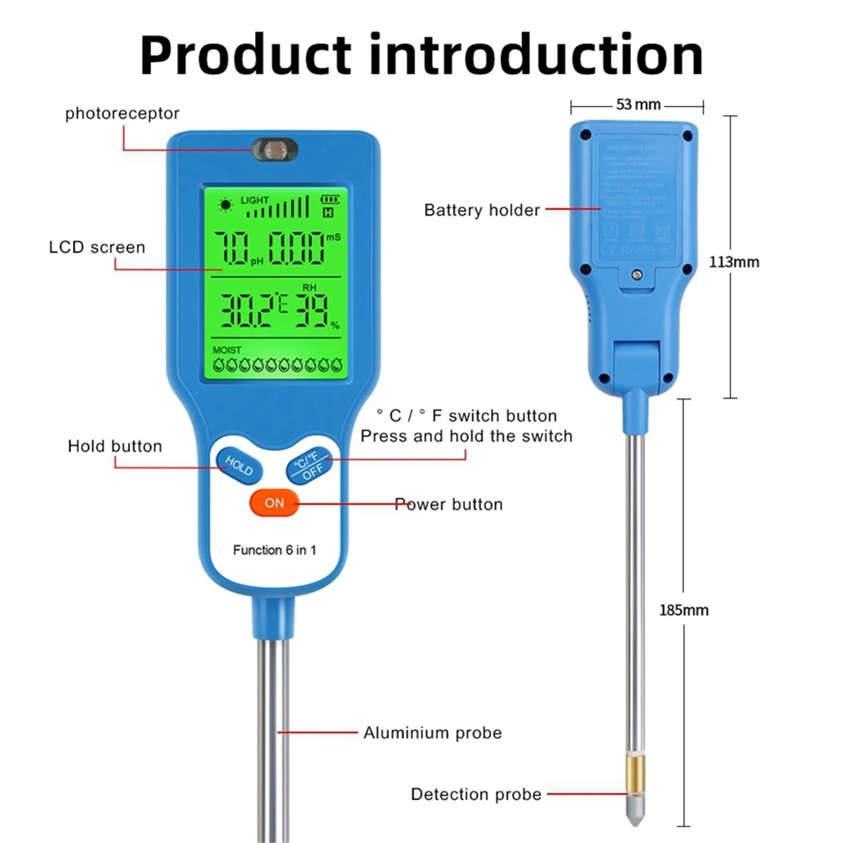 A03R 6-in-1 Soil Tester Multi-Function Digital Soil PH Meter Large Screen Digital Display Test Value PH Meter