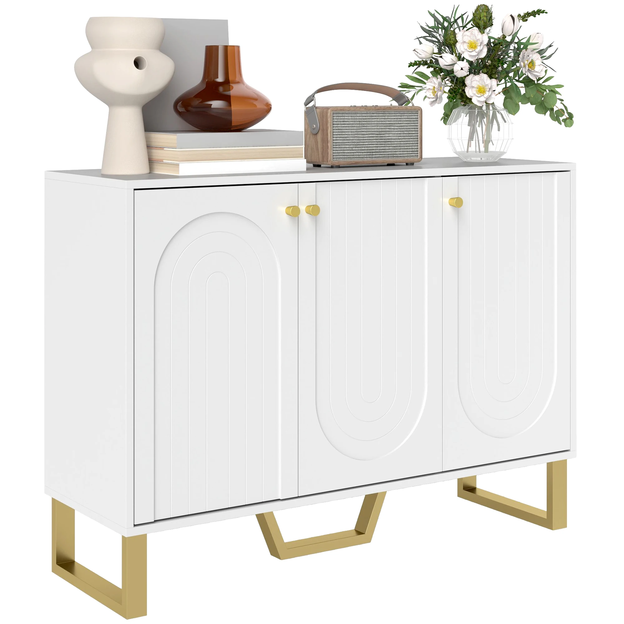 HOMCOM Aparador con 3 Puertas Arqueadas Estantes Ajustables y Patas Doradas 106,5x35x77,5 cm Blanco