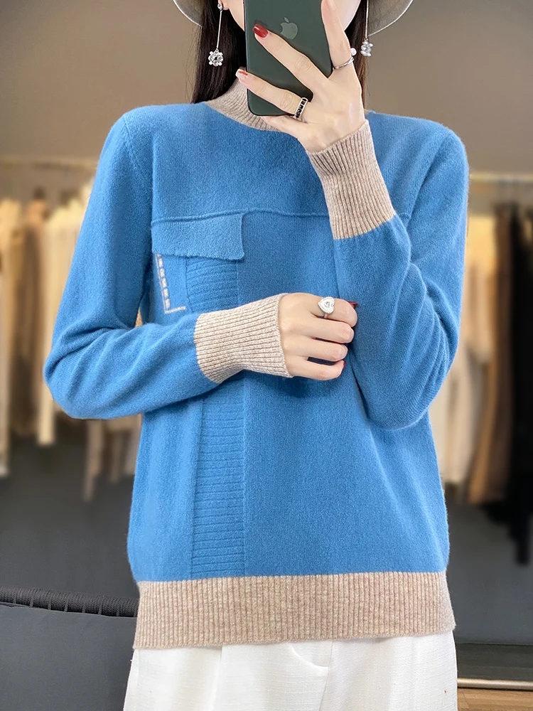 2024 New Spring Autumn Women Cashmere Sweater 100% Merino Wool Knitted  Mock Neck Pullover Color Contrast Soft Long-Sleeved  Top