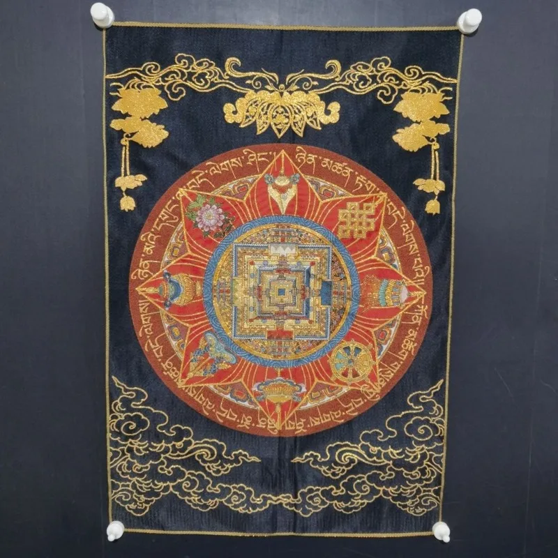 Kalachakra Mandala Thangka Brocade Tapestry Tibetan Buddhism Eight Auspicious Symbols Wall Hanging Shrine Decor