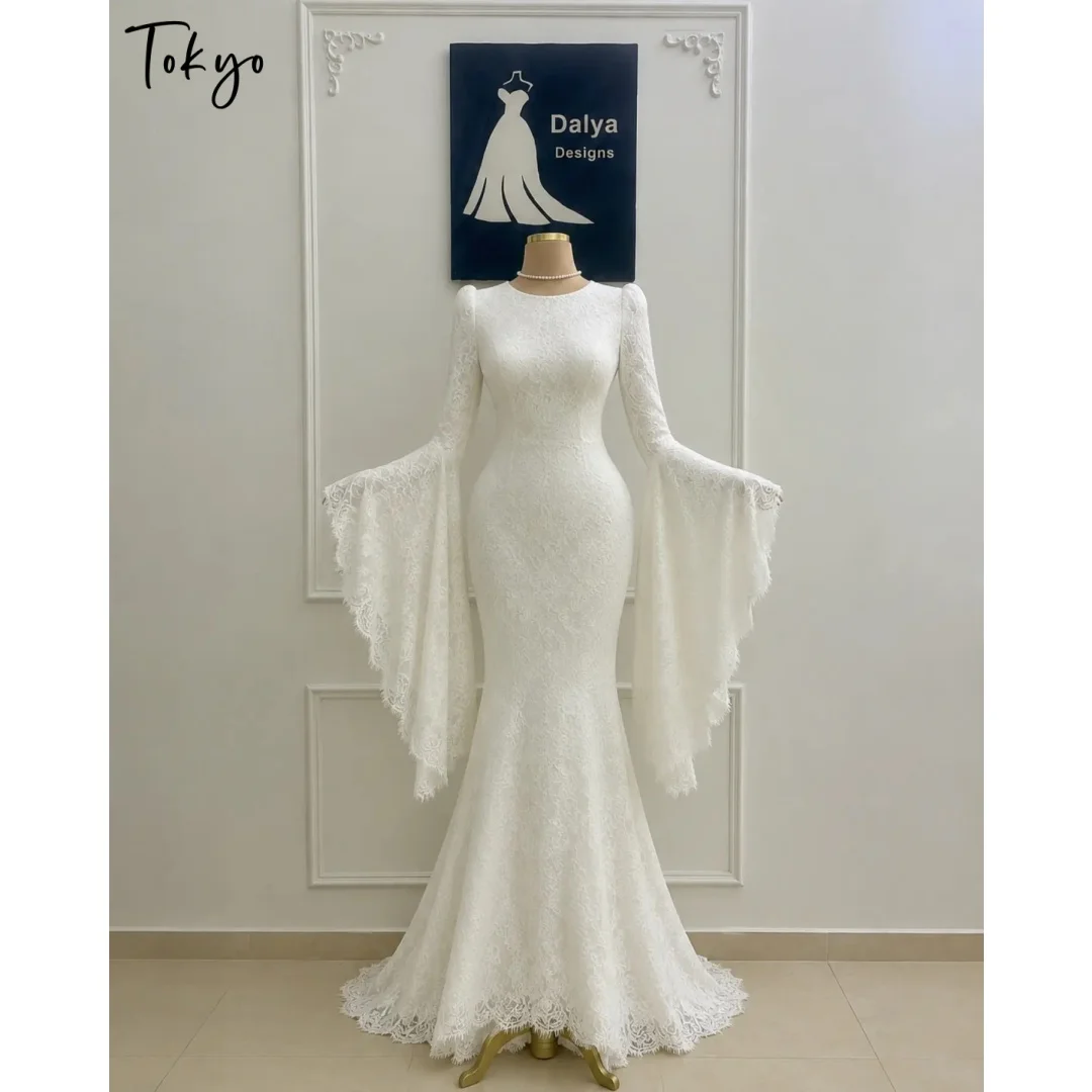 Tokyo Customized O-Neck Mermaid Long Sleeve Prom Dress Sweep Train vestidos de noche Lace Embroidery Asymmetrical Formal Evening