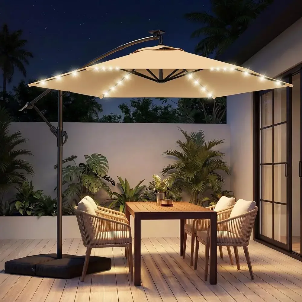 10-Foot Cantilever Offset Patio Umbrella with Light and Base, Suitable for Outdoor Spaces