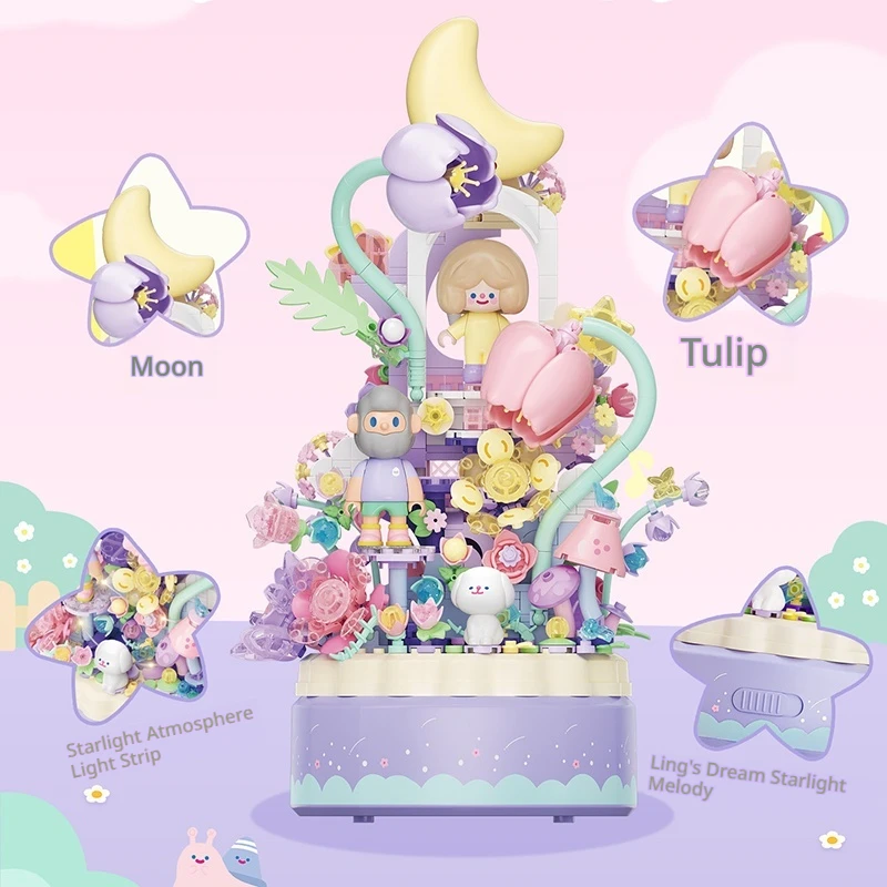 

Sembo Block Building Blocks Music Box Finding Unicorn Rico Farmer Bob Flower Tea Party Collectible Assembly Toy Home Decoration