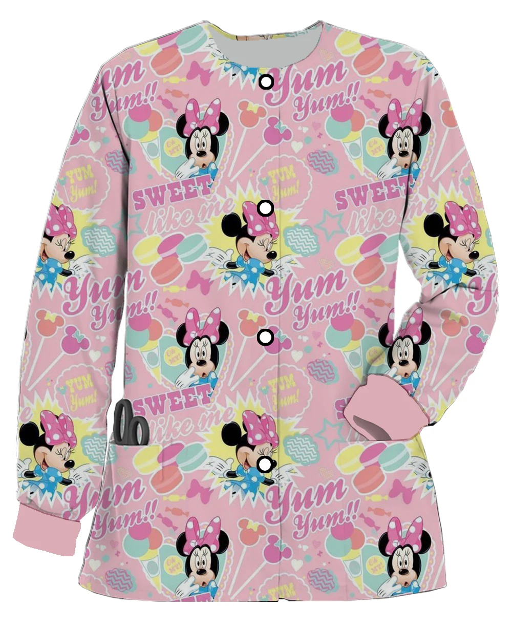 New Disney Mickey Mouse Mickey printed dentist doctor uniform new jacket women's button long-sleeved round neck nurse uniform