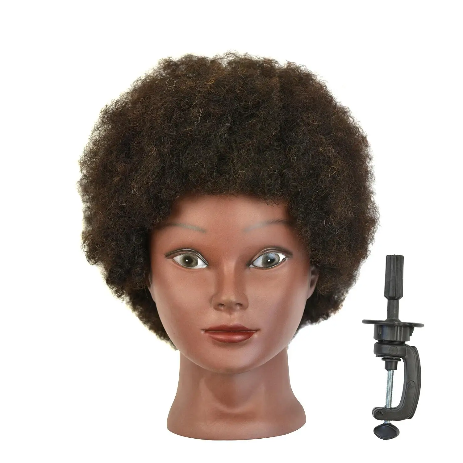 Cabeza de maniquí Afro para practicar estilos de cabello 100% cabeza de muñeca de cabello humano con soporte de abrazadera para peinado trenzado, 1 ud.