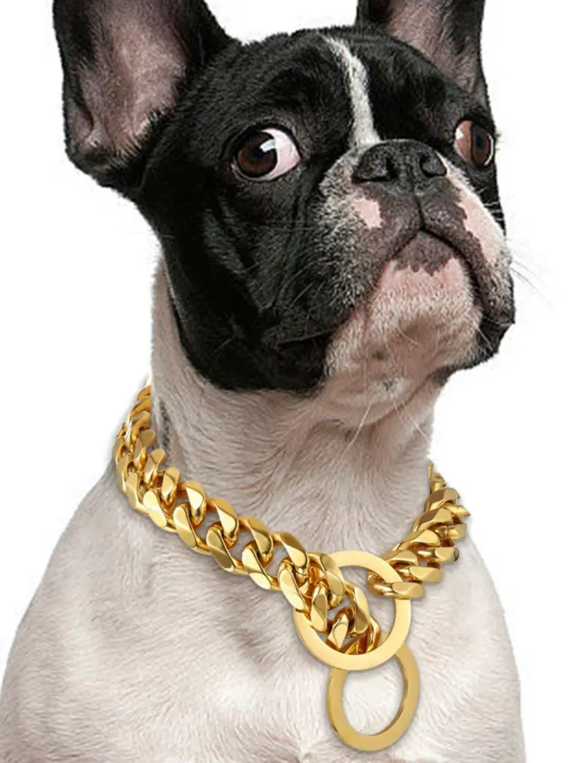 

15MM Stainless Steel Chain Collar Gold Cuban Links Walking Training For Large Dog Small Medium Dogs Link Collars Chains