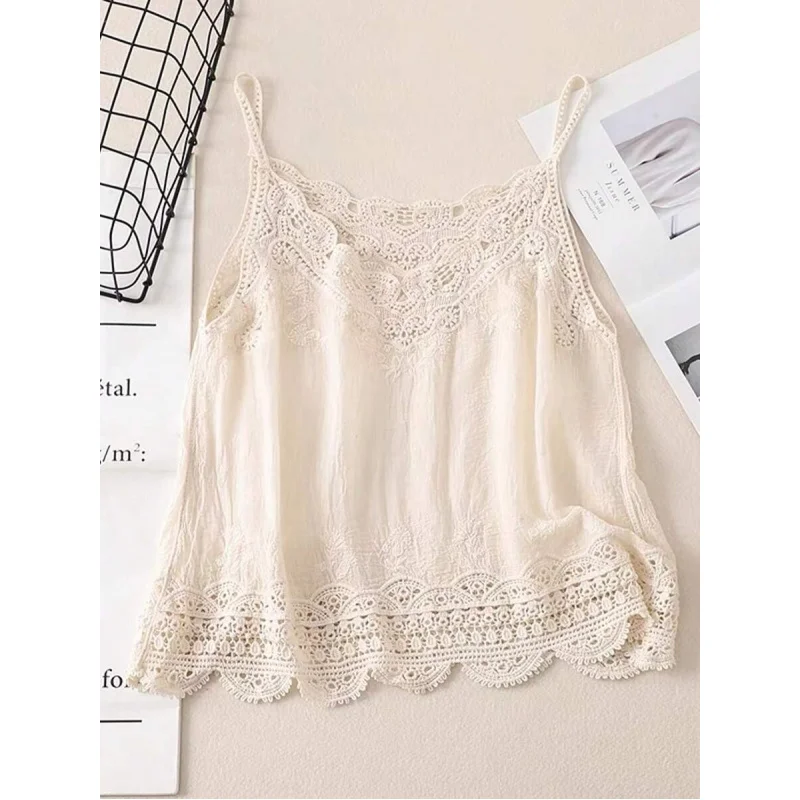 

Women's Vintage Casual Loose Solid Color Hollow Embroidery Lace Patchwork Camisole White Summer