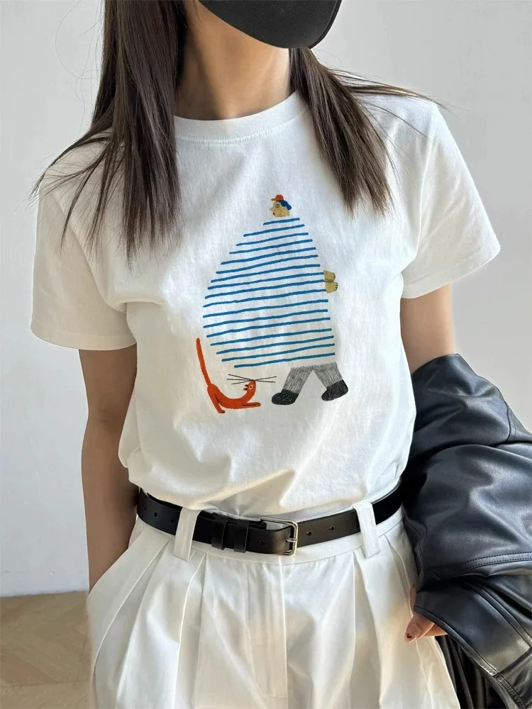 Korean Style Pure Cotton Short Sleeve T-Shirt Women's Loose Casual Print Top Summer New Fashion Shoulder Bore Hole Design