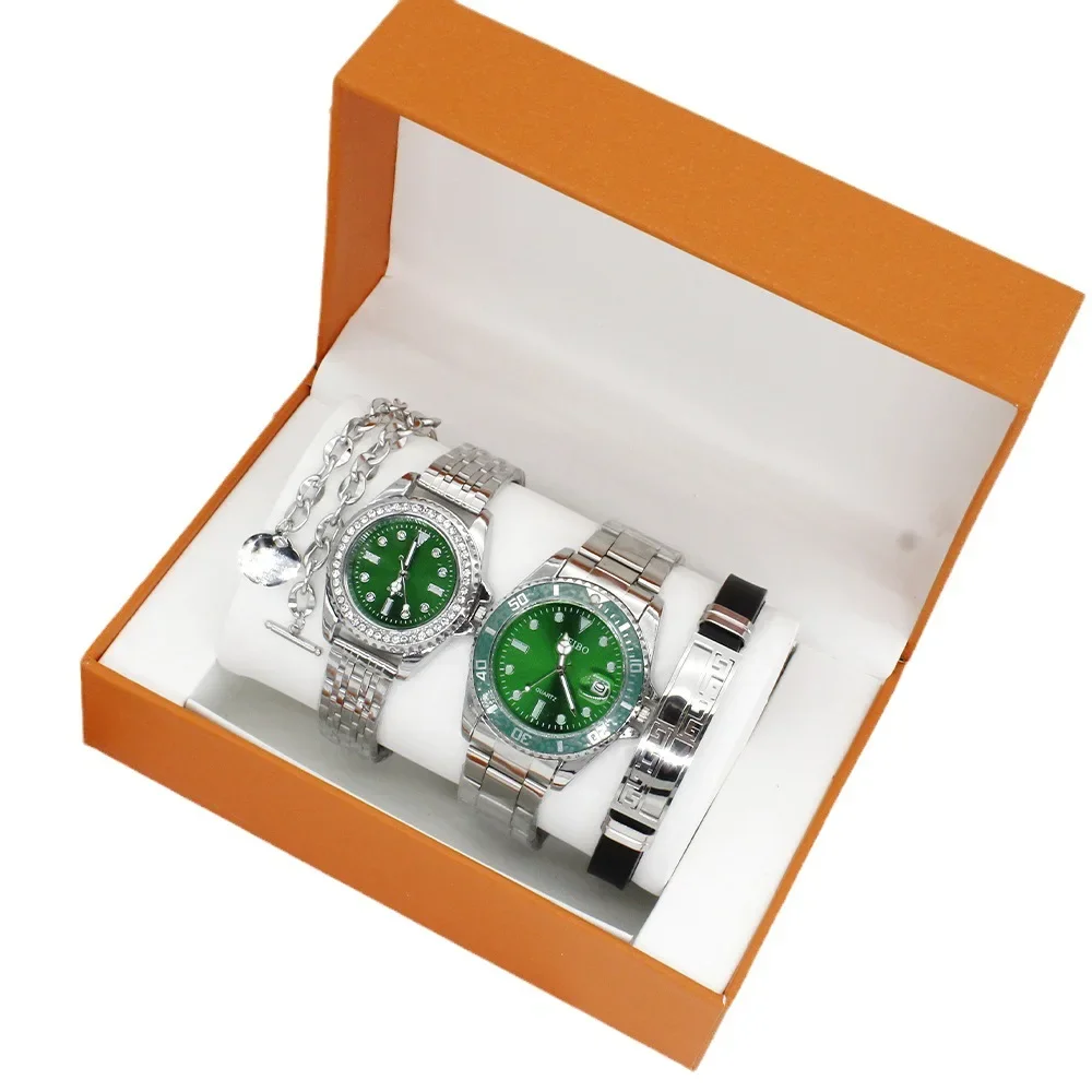 4PCS/Set Couple Quartz Watch Bracelet Set Fashion Valentine's Day Gift Stainless Steel Crystal Watch Men Women Quartz Watch Set