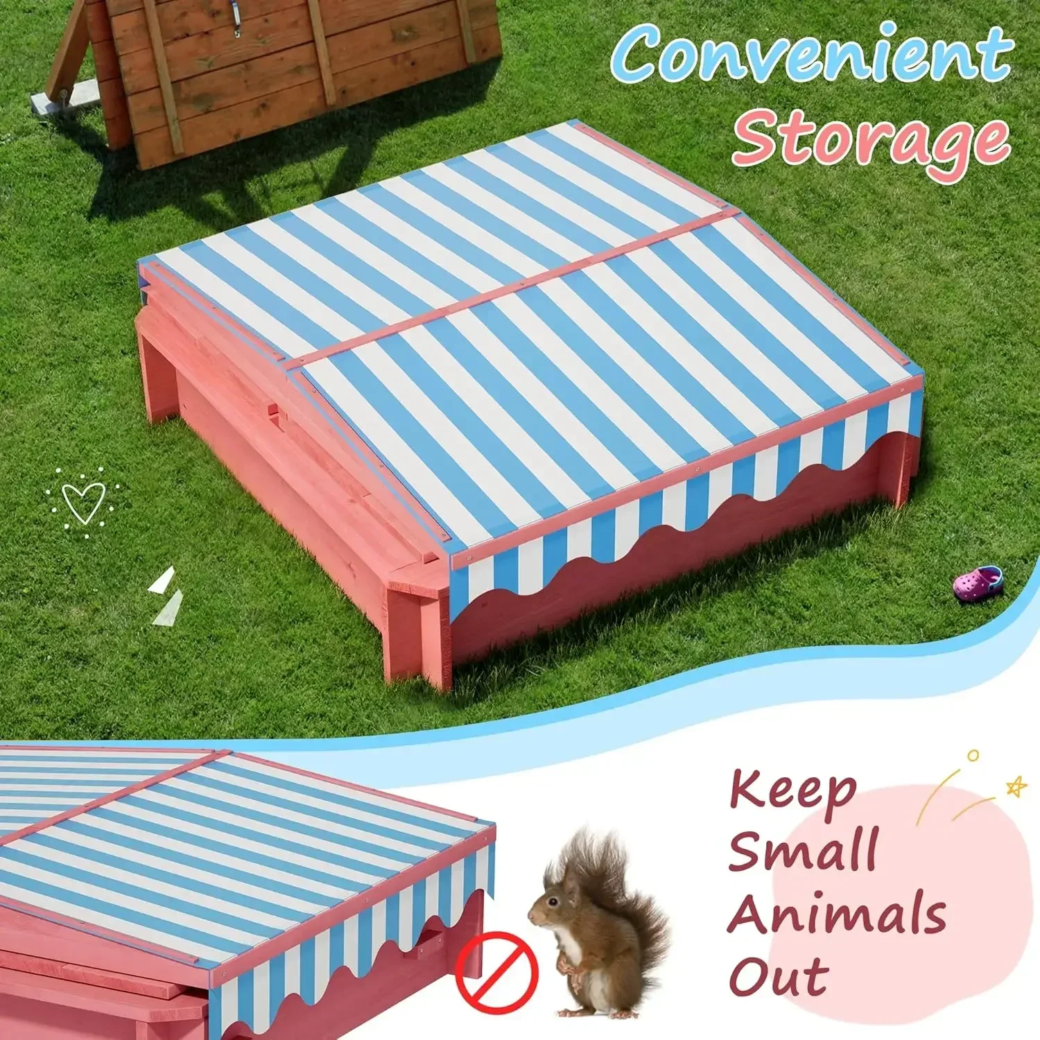 Wooden Kids Sandbox with Height-Adjustable UV-Resistant Canopy - 43x43 Inch Outdoor Play Sand Box with Lid, 2 Foldable Bench Sea