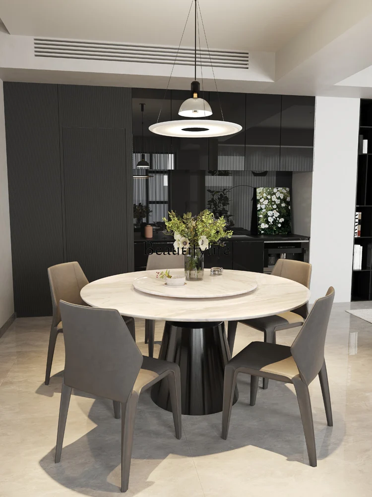 

02 Natural jazz white marble round dining table with turntable Italian villa high-end light luxury modern luxury stone round