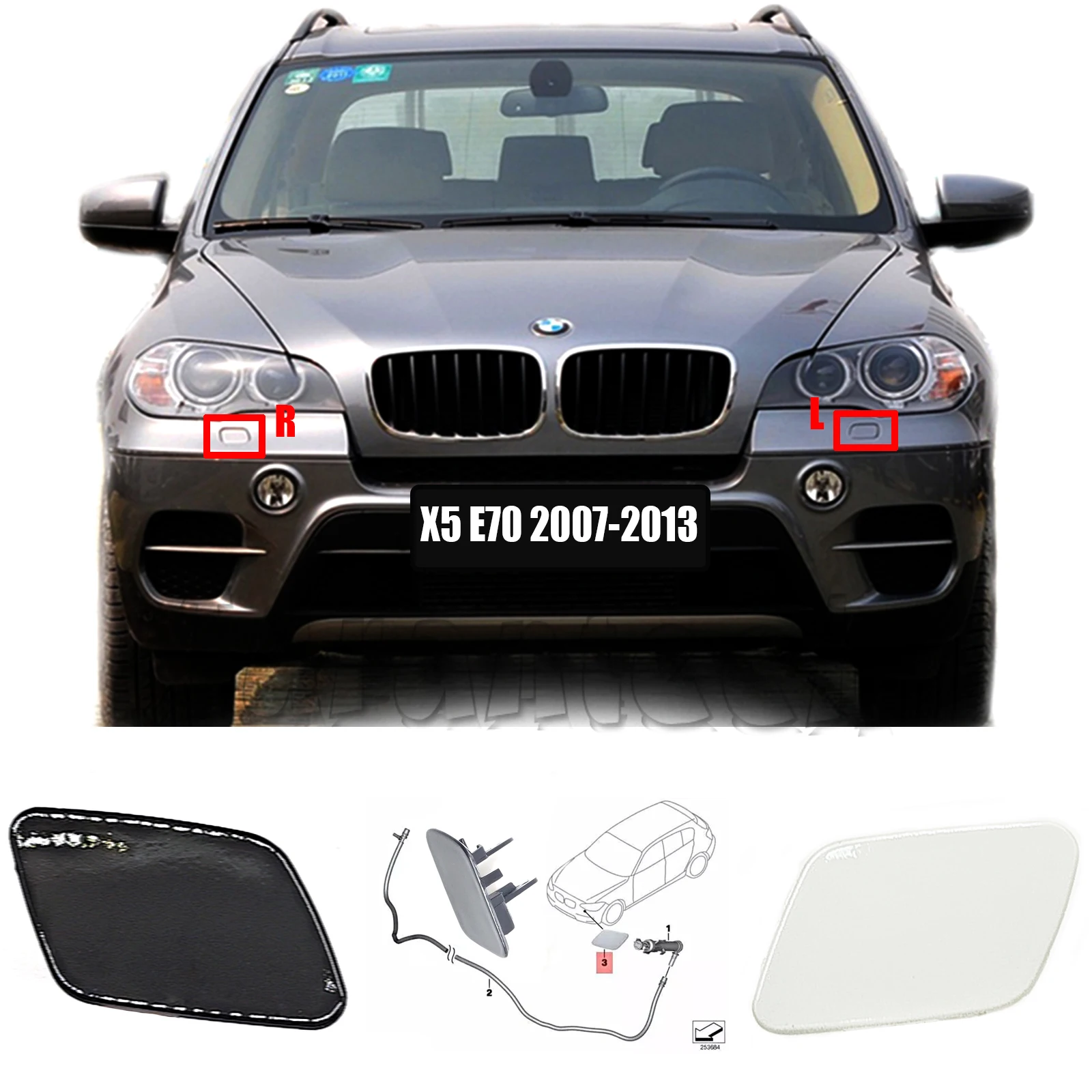 Headlight Washer Cover for 07-13 BMW X5 SAV E70 Fit 3.0si 3.5d 4.8i 30dX 35dX 35iX 50iX Cleaning Headlamp Spray Nozzle