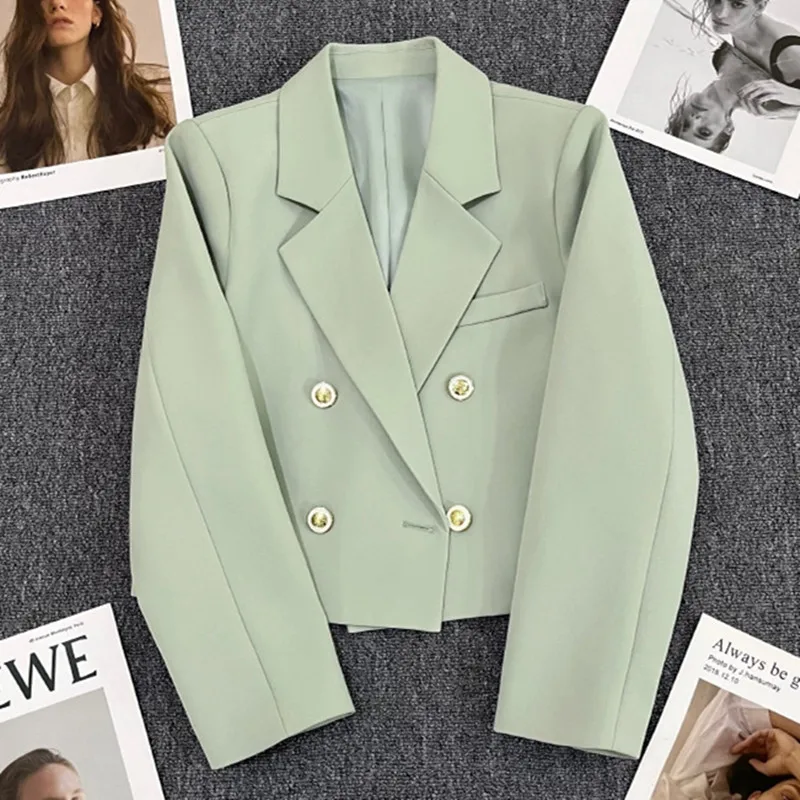 

Elegant Short Green Suit Jacket Women's Fashion Long Sleeve Ultra Short Style Quality Polyester Outerwear