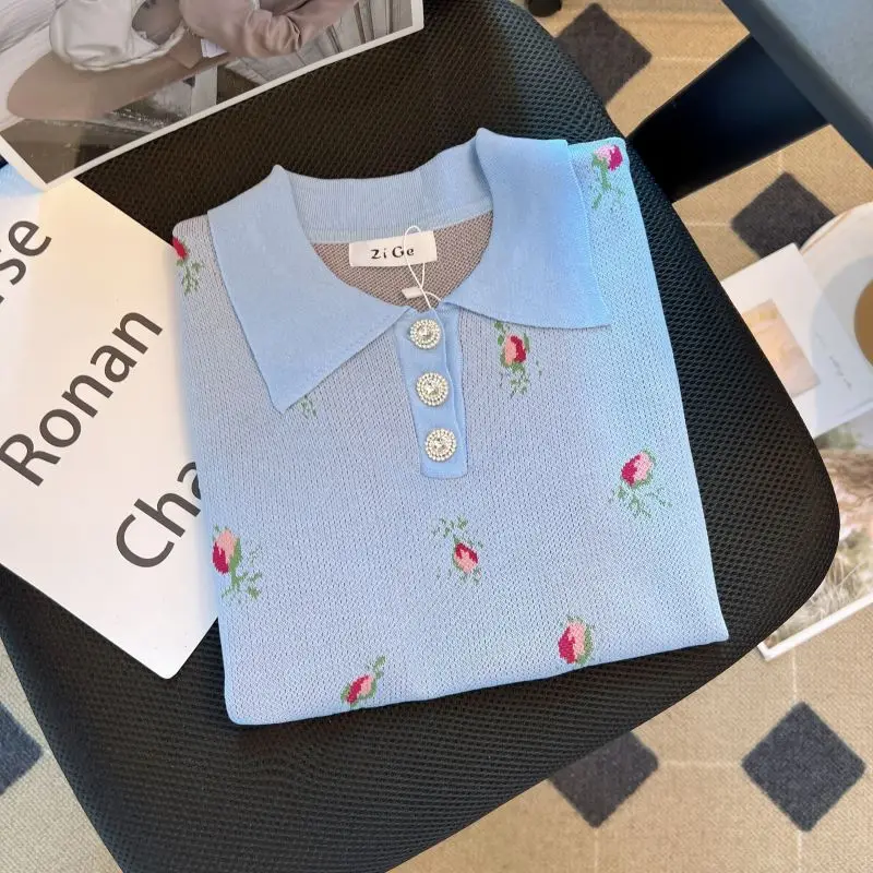 

Summer New Polo Collar Festival Knitted T-shirt Popular Trend Vintage Women's Sweet Elegant Blue Print Short-sleeved Button Tops