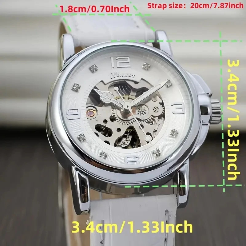 ساعة ميكانيكية مجوفة عصرية للنساء، هيكل معدني أنيق وحزام جلدي، قرص كريستالي دائري فاخر، ساعة حركة أوتوماتيكية - هدية مثالية
