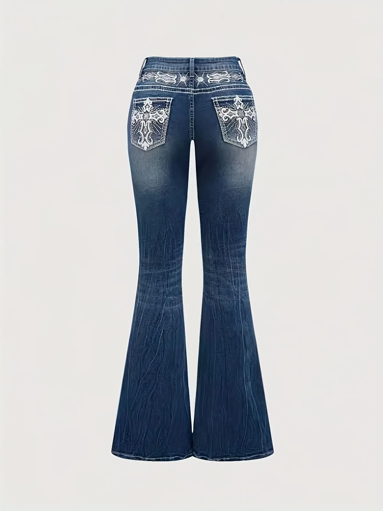Best-Selling Mid-Rise Embroidered Rhinestone Blue Flared Jeans