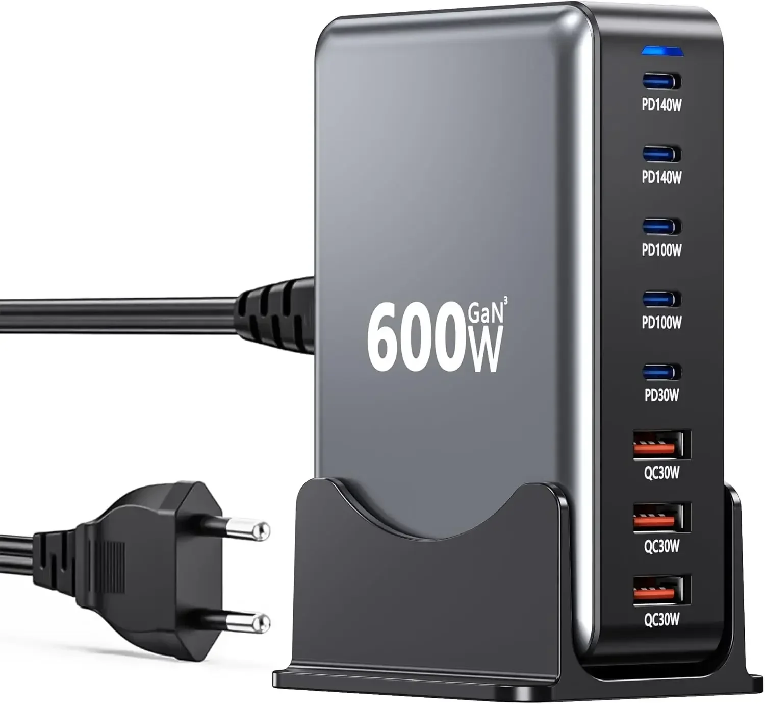 8-portowa, szybka ładowarka GaN o mocy 600 W, wieloportowa stacja ładowania USB typu C o dużej mocy, kompaktowa stacja ładowania do użytku w biurze domowym i studiu, umożliwiająca jednoczesne