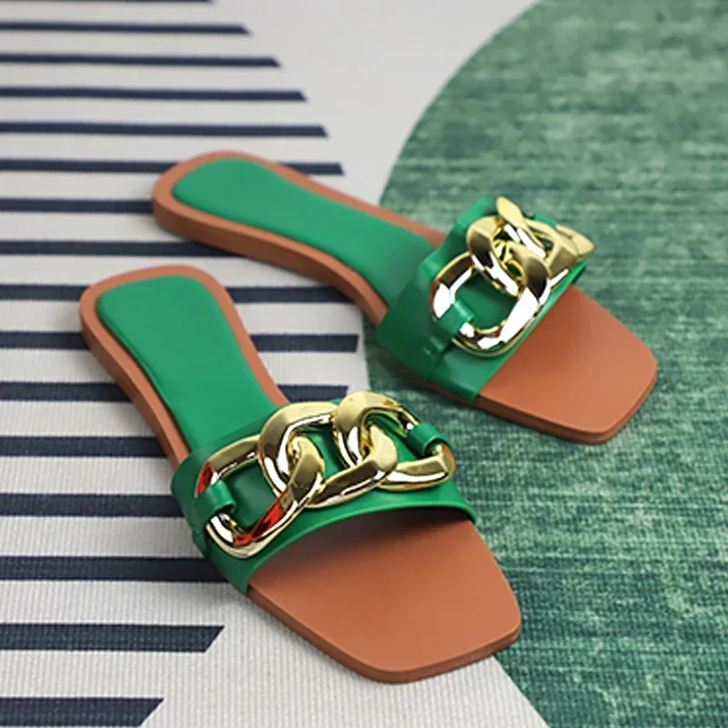 Women\'s Summer Sandals Fashion Metal Decorative Square Head Outer Wear Flat Heel Large Size Seaside Beach Ladies Shoes on Offer