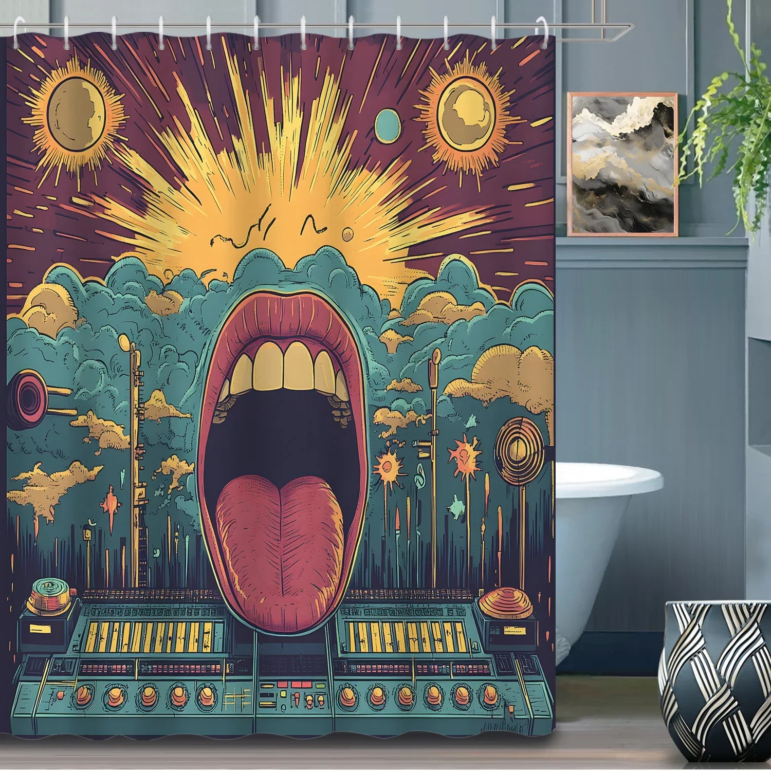 1pc Retro Abstract Geometric Art Mouth Teeth Tongue Shower Curtain Partition Curtain, Bathroom Decoration Shower Curtain