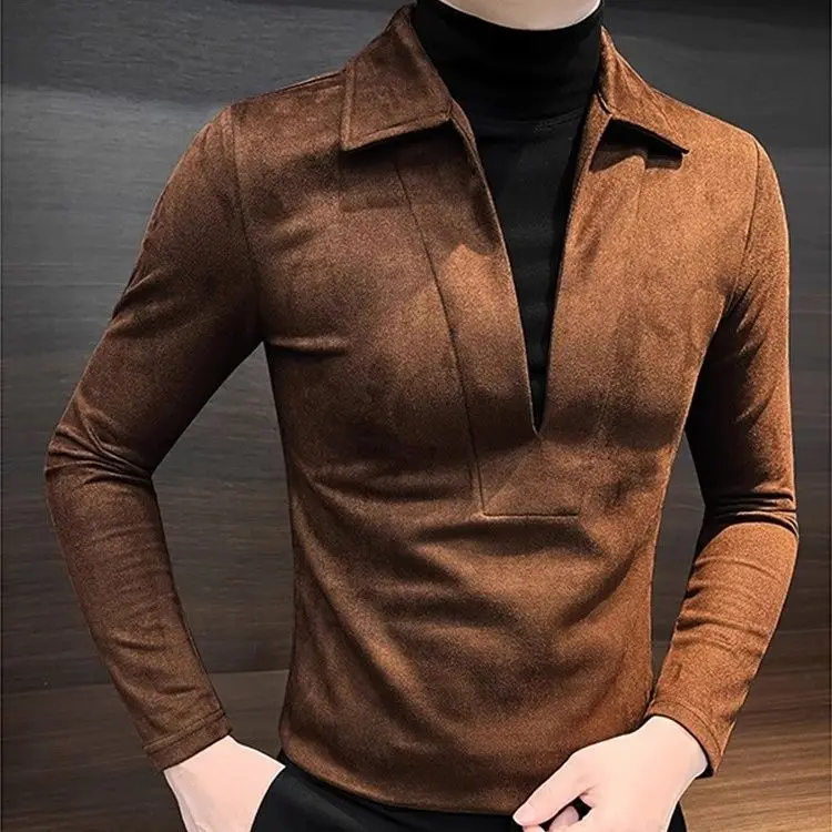 Fashion V-neck Fake Two-piece Contrasting Sweatshirt for Men's Handsome and Versatile Half-high Neck Thermal Inner T-shirt