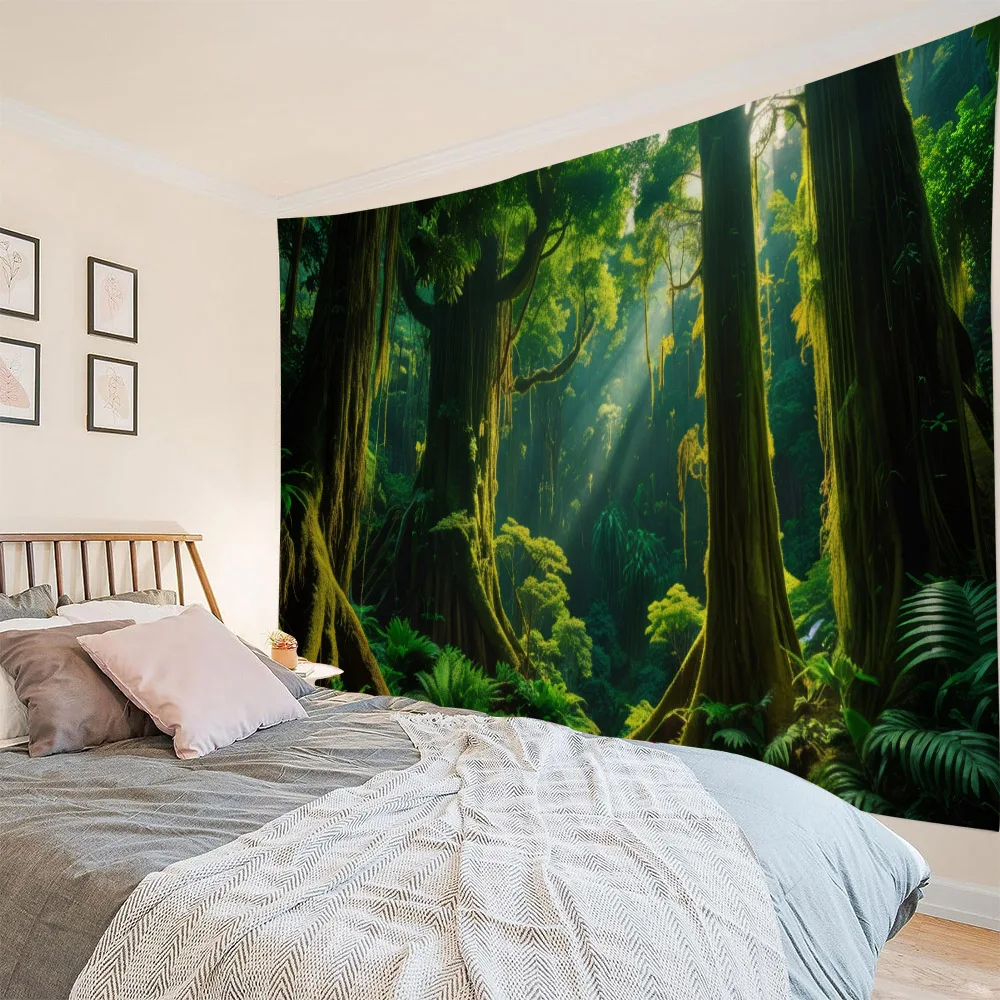 Green jungle tapestry wall hanging dreamy scenery background cloth, home wall decoration murals, beach mats, picnic bed sheets