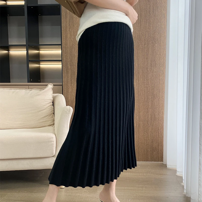 LONGMING Knitted Black Dress 100% Merino Wool Women\'s Clothing Winter Dresses Autumn Fashion Ladies Pencil Pleated Skirts Korean