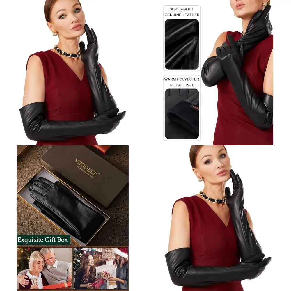 

Luxury Plush-Lined Women's Full Touchscreen Leather Gloves, 23.6 Length, Ideal for Evenings and Arty Outfits