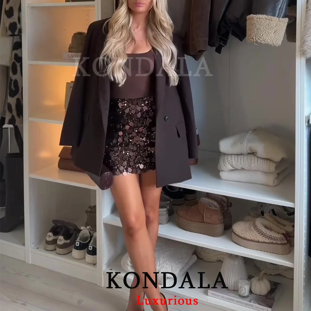 KONDALA Party Sequins Mini Skirts Straight Sheath Sexy Evening Club Skirts Fashion 2025 Christmas New Year Y2K Girl Skirts