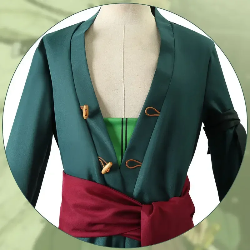 CosplayAnime One Piece-Disfraz de Roronoa Zoro, abrigo verde, peluca, pendientes, conjunto completo, uniforme, traje, trajes de fiesta de Halloween para anuncios