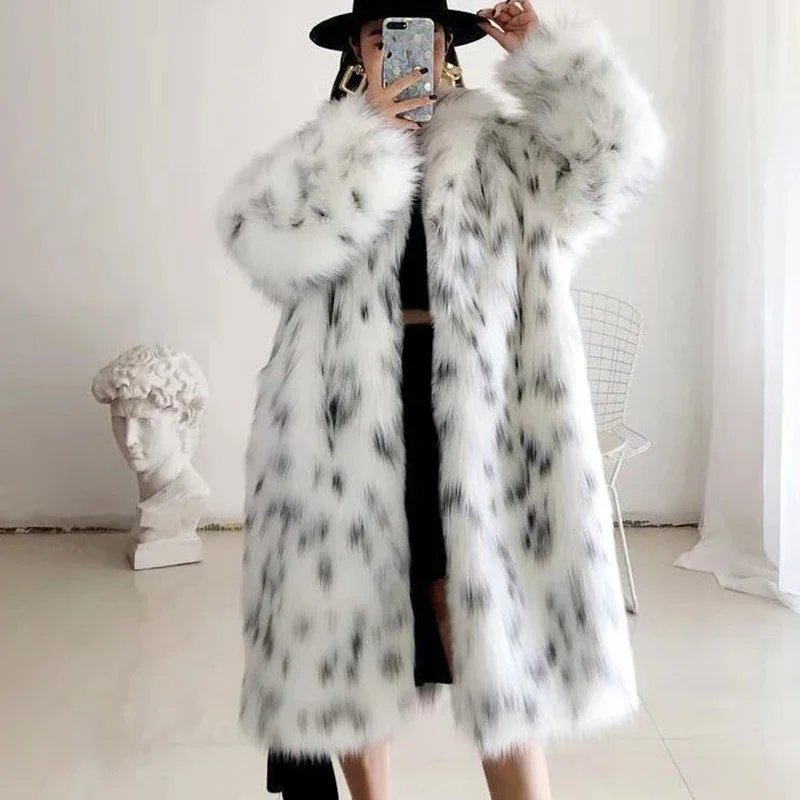 Thick Fashion Spot Leopard Women Winter Faux Fox Fur Coat Jacket Long Warm Luxury Fur White Parkas Furry Shaggy Outerwear Coat