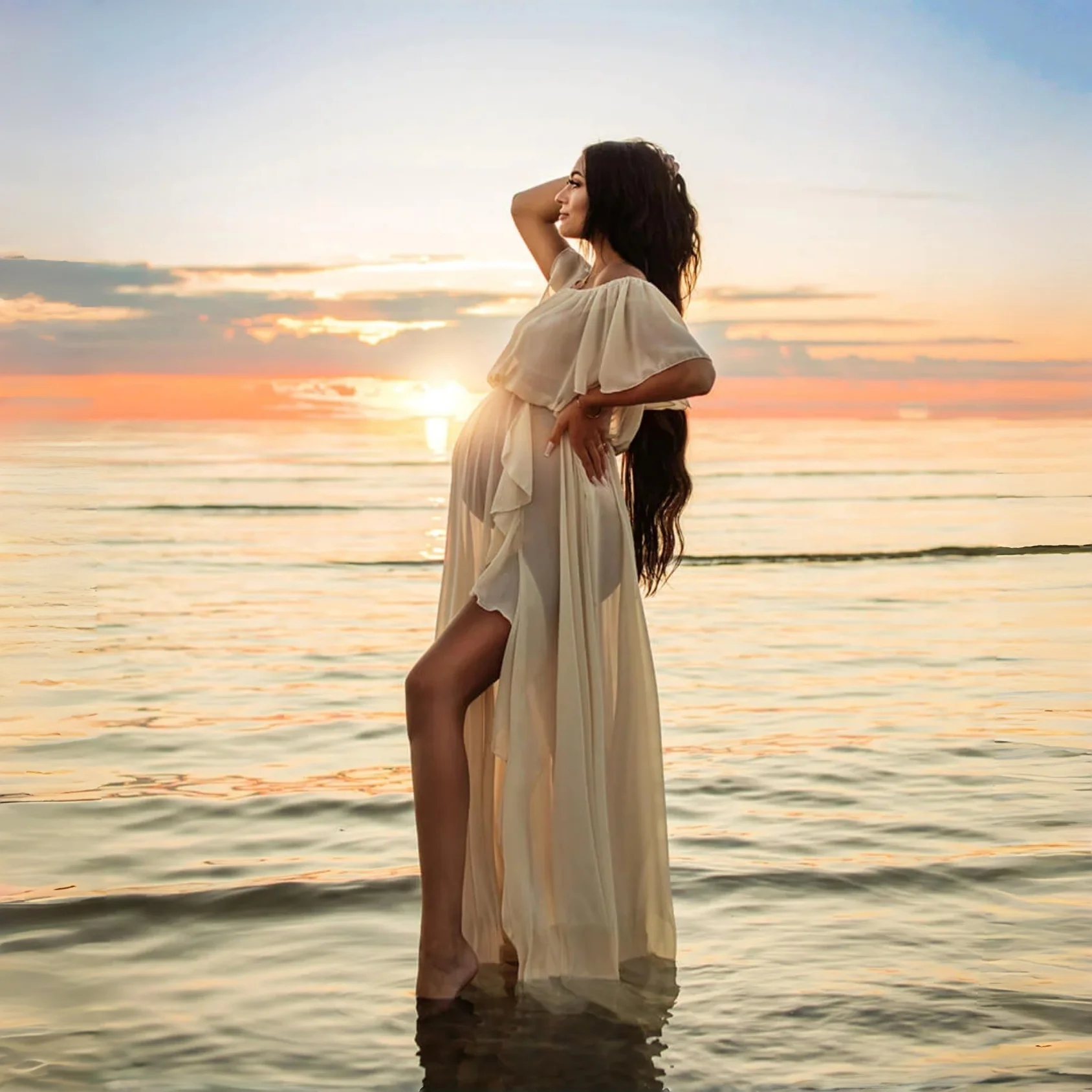 Slash Neck Chiffon Maternity Photography Props Dresses Sides Slit See Through Pregnant Woman Photo Shoot Long Dress