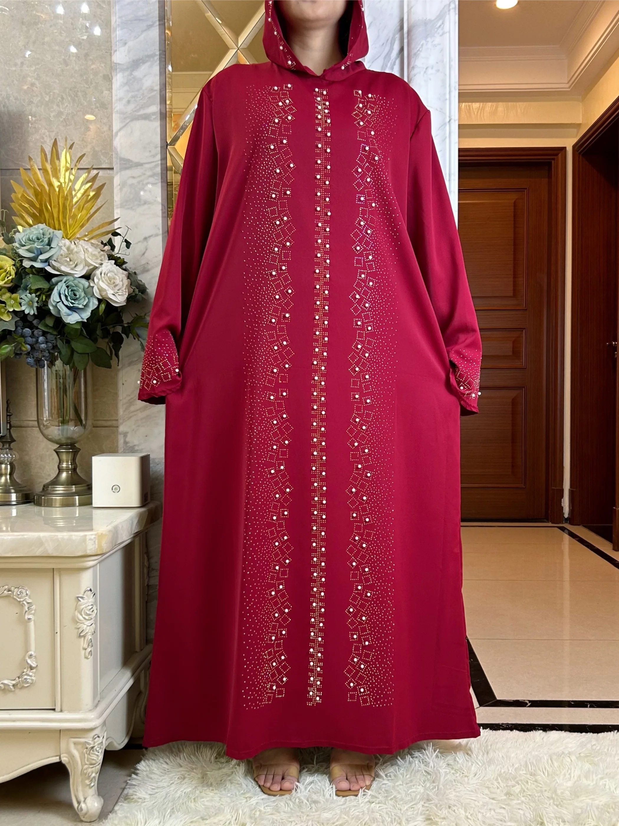 2023Abaya Muslim Maxi Long Sleeve Dress With Cap Women Diamond Arab Dubai Islamic Clothing Autumn New Loose Casual Turkey Robe