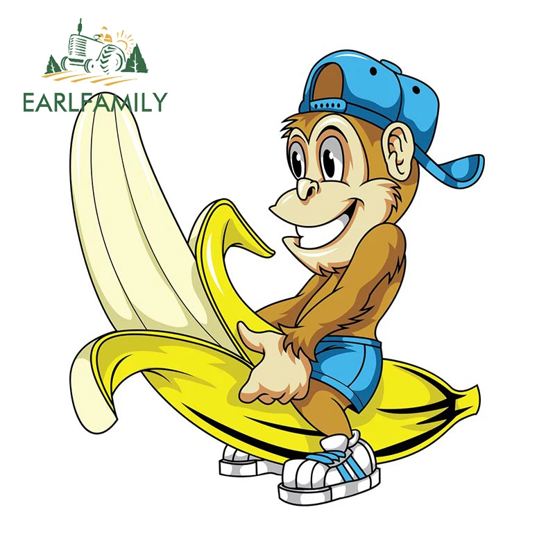 EARLFAMILY 13cm x 11.8cm Funny Monkey Banana Car Sticker Rear Windshield Trunk Decal Cartoon Car Accessories Animal Stickers