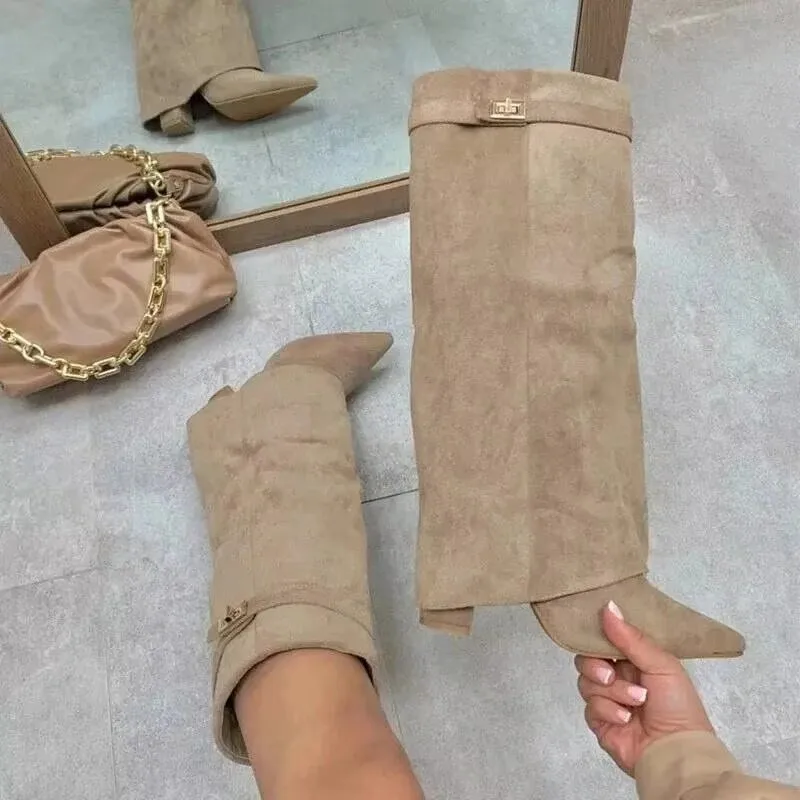 White Pu Metal Buckle Knee High Women's Boots Thick High-heeled Pants Boots 2026 New - view 6