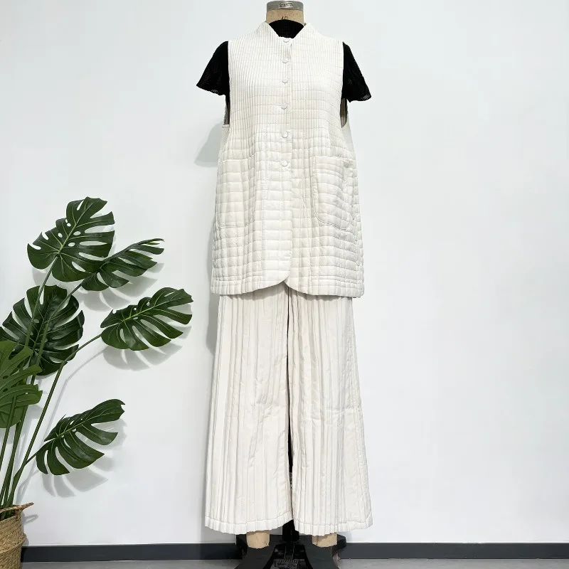 

Осень-зима, новый хлопковый женский костюм Miyake, простой жилет, куртка с высокой талией, тонкие хлопковые брюки, утепленная теплая одежда из 2 предметов