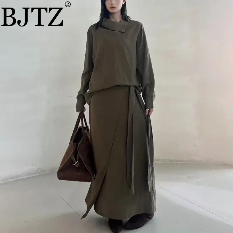 

BJTZ Женская рубашка-юбка из 100% льна | Асимметричный Slim Fit Минималистский | Повседневный элегантный наряд с драпировкой