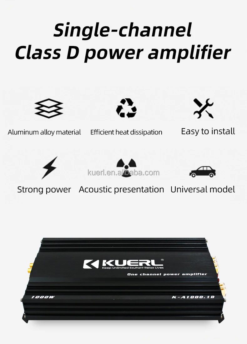 High Power Class D Monoblock Digital Car Audio Amplifier Aluminium alloy 12V RMS Power 1000W*1CH@ 1Ω/600W*1CH@ 2Ω/400W*1CH@4Ω