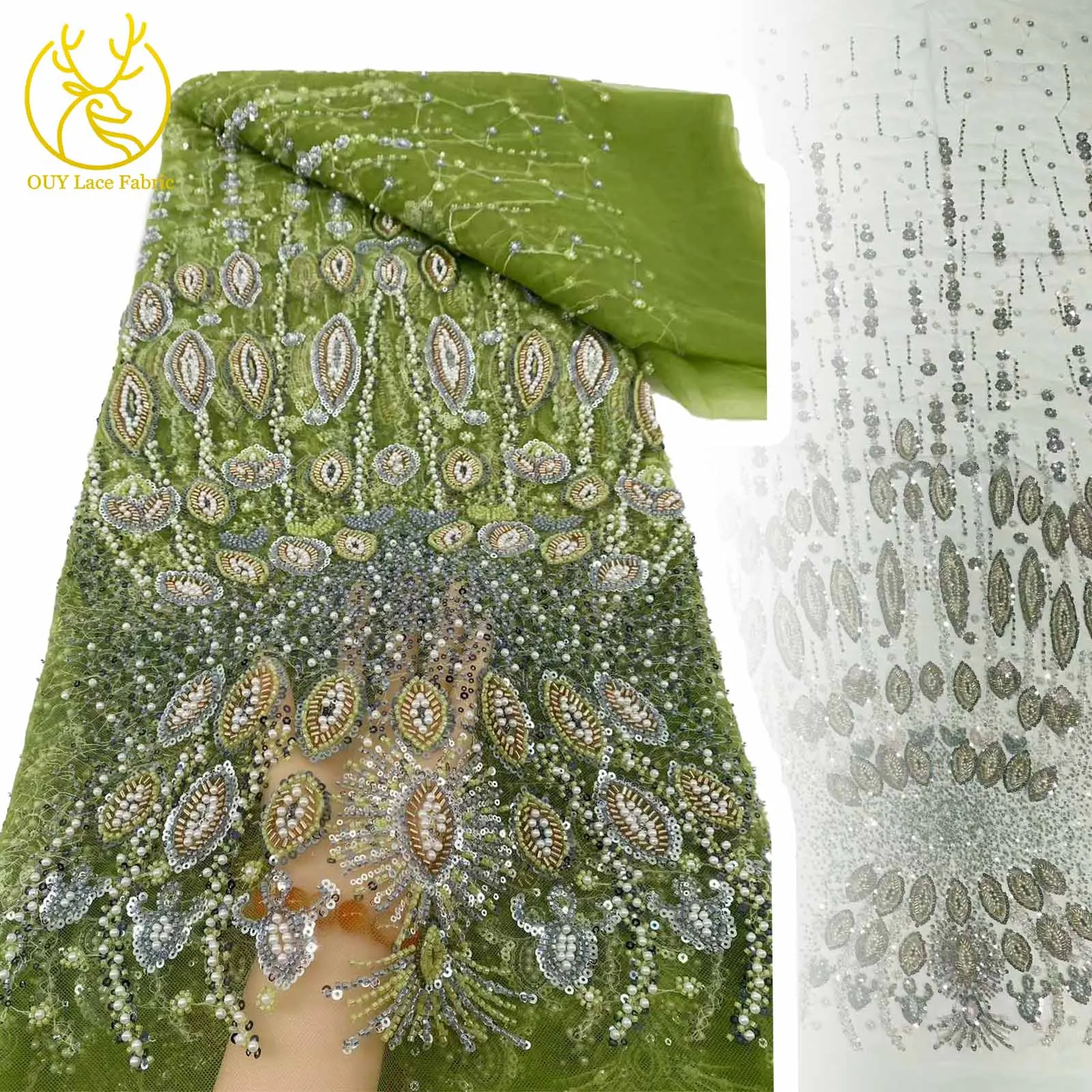 

New Design Beaded Lace Fabric 5 Yards Elegant French Nigerian Sequins Embroidery Tulle Mesh Lace Fabric Party Dress Sewing