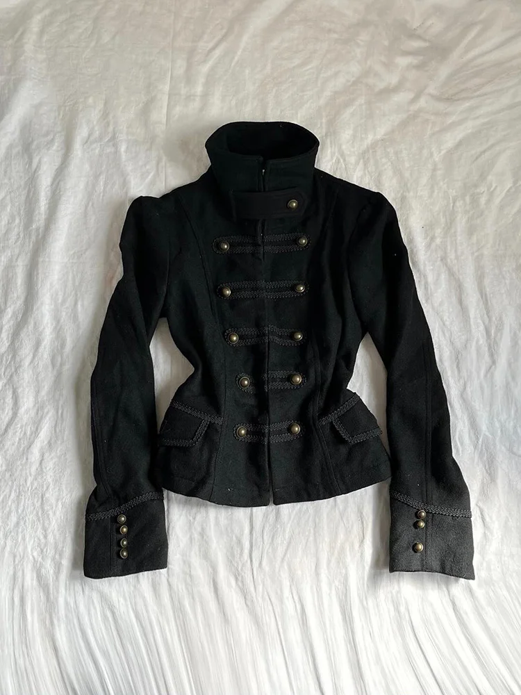 Chaqueta Negra Estilo Americano Retro Original Gothic Rose, Corte Entallado, Diseño Delgado para Otoño, Chaqueta Corta Ligera...