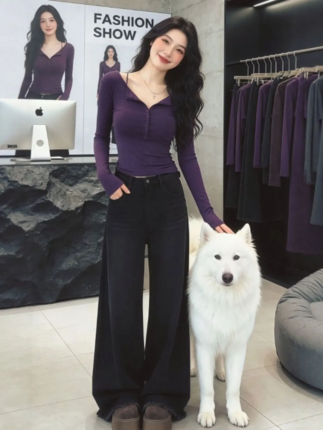 

Уникальная фиолетовая облегающая футболка с длинным рукавом для женщин, базовая модель с высокой талией, нежный стиль для весеннего сезона, универсальная для различных случаев