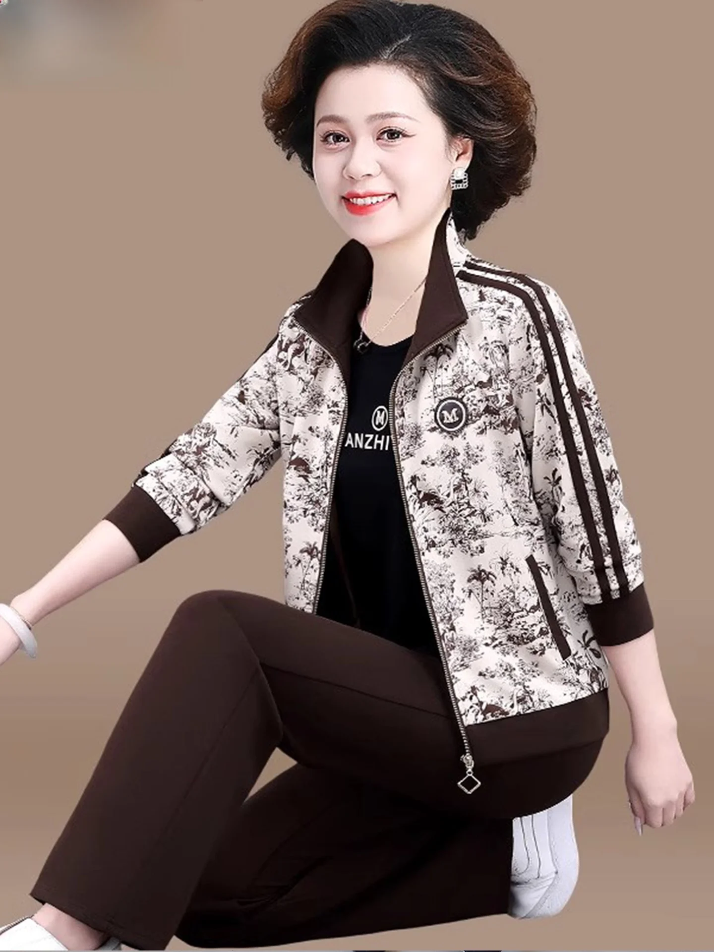 

Casual Sportswear Set for Women Autumn Faionable Outerwear Loose Fit Long Pants Collar Zipper Closure Flower Bird Pattern