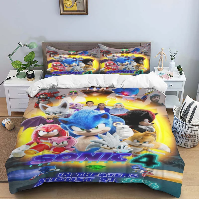 S-Sonic Fashion Print Three-piece Set Suitable for Kids or Adults Quilt Cover Pillowcase Bedding Set Birthday Gift