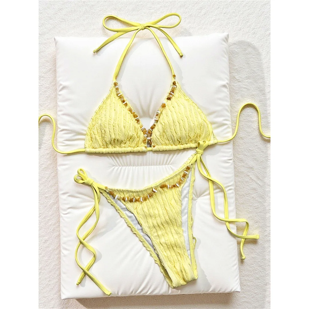 2026 Gekräuselter Neckholder-Bikini Damen-Badeanzug zweiteiliger Bikini-Set mit Trägern Badeanzug Schwimmanzug V8057 – Detail 4