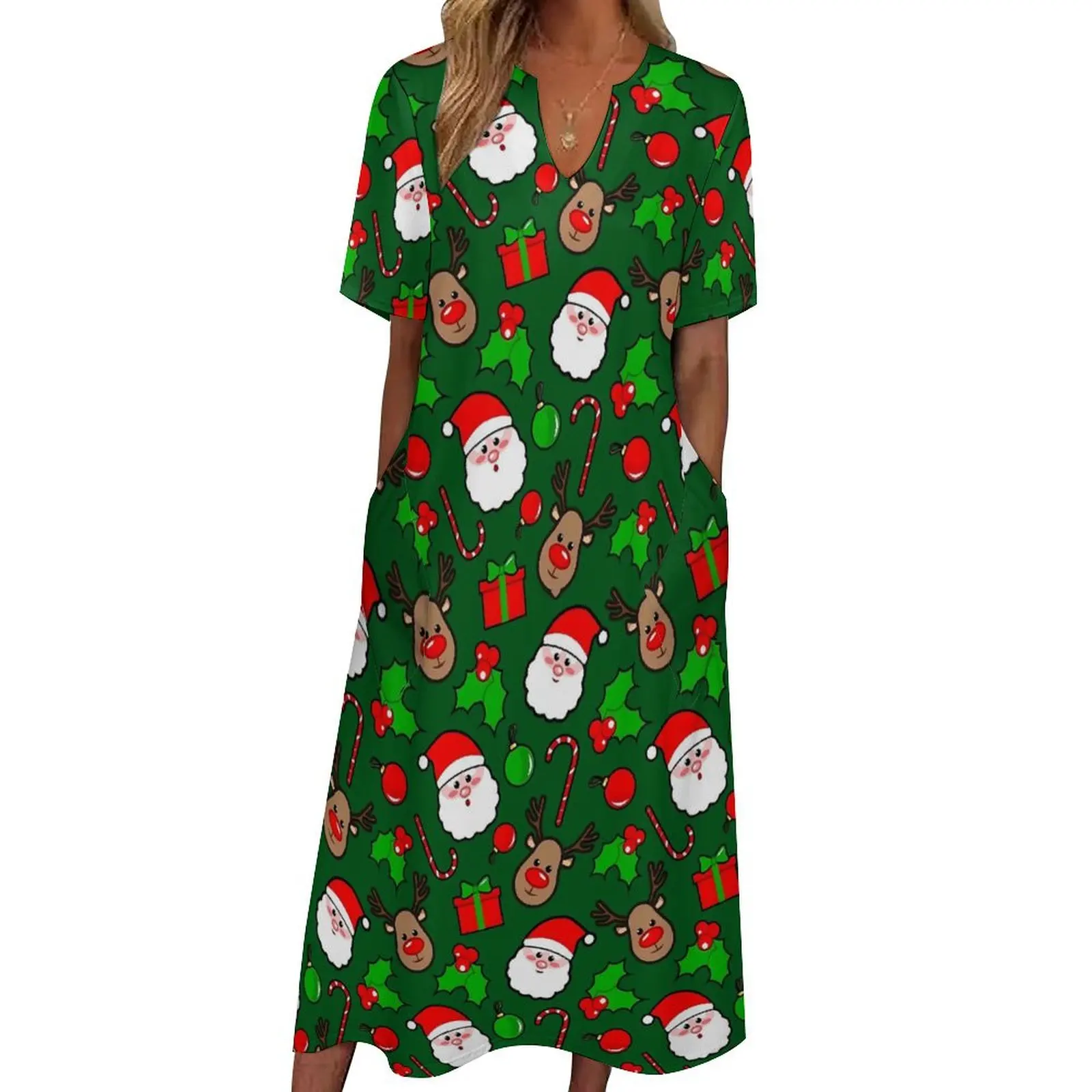 Christmas Dress RUDOLPH And Santa Claus Beach Maxi Dress Short Sleeve Graphic Bohemia Long Dresses Fashion Oversized Clothing