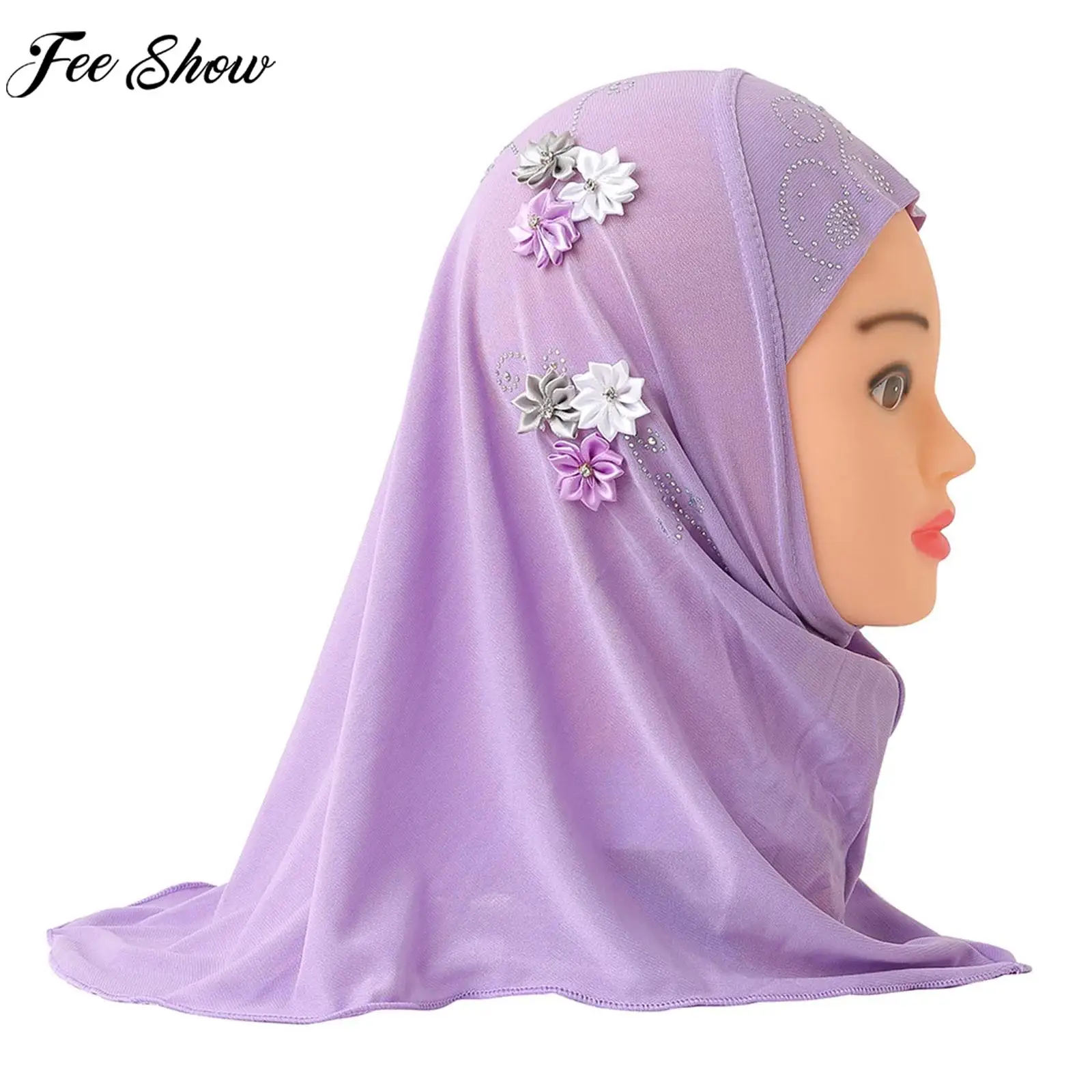

Baby Girls Muslim Hijab Middle East Arabic Islamic Shawls Turban Rhinestone Fake Flower Decor Ramadan Eid Head Wrap Scarf 2-7 Y