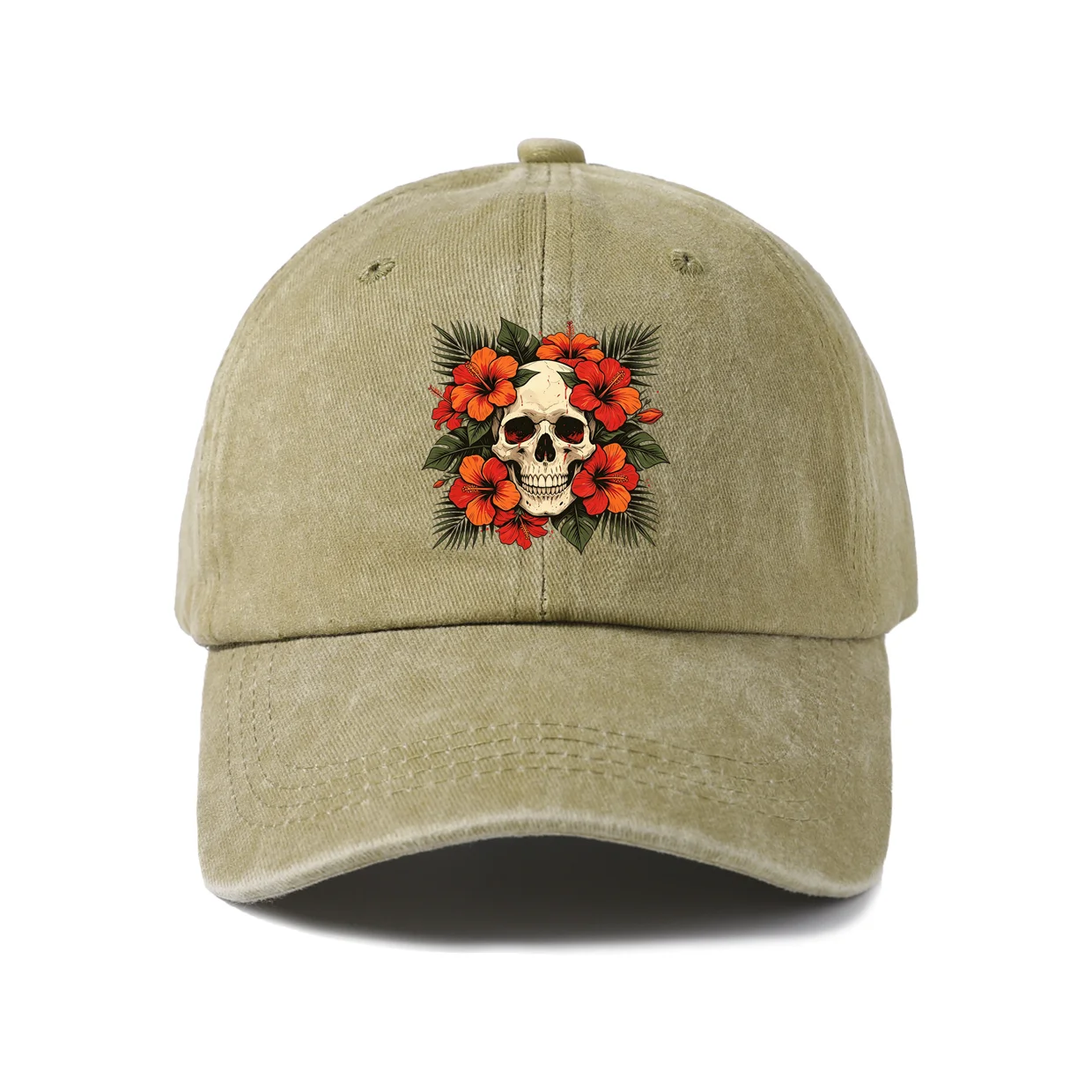 Red Floral Skull Graphic Baseball Cap, Vintage Washed Adjustable Unisex Dad Hat, Streetwear Gift