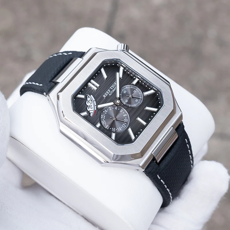 Reef Tiger Мужские автоматические часы 44 мм Квадратные механические наручные часы Водонепроницаемые светящиеся сапфировые часы с запасом хода Дата 24-часовой циферблат