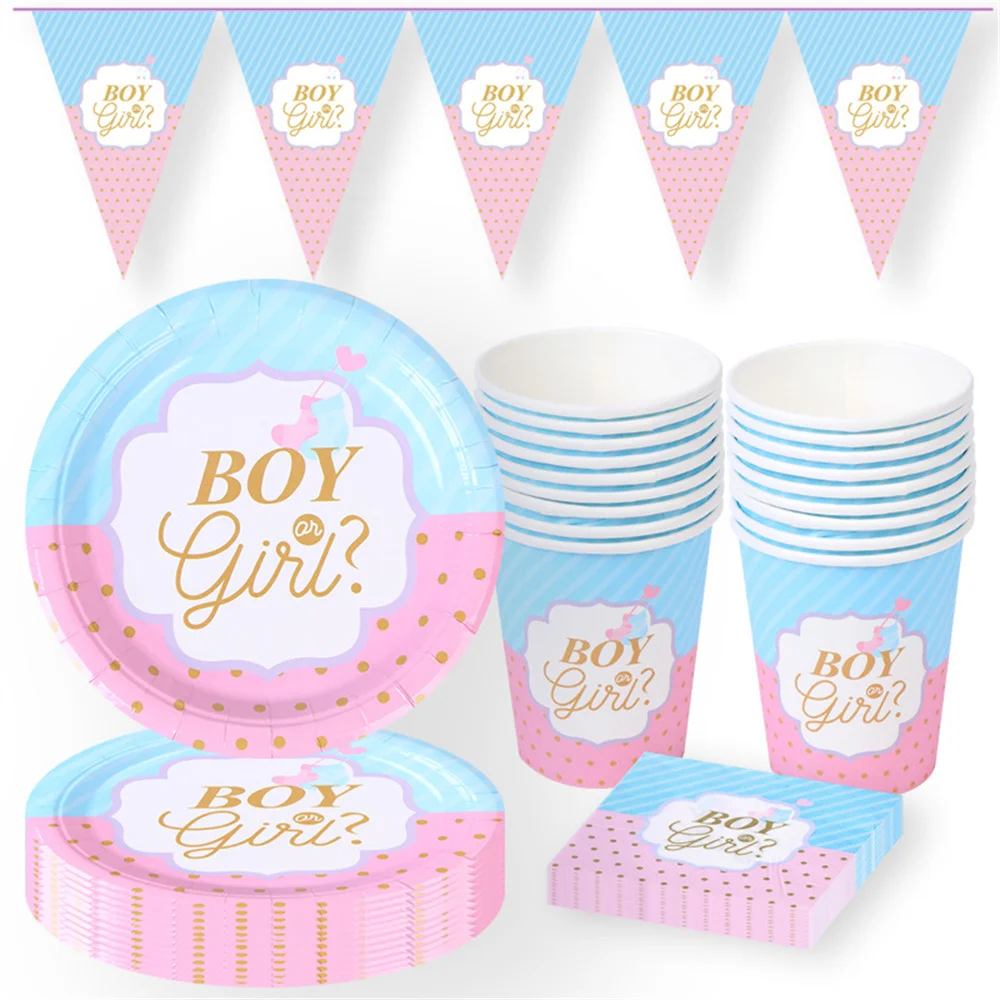 Ragazzo o ragazza rosa blu Gender Reveal stoviglie usa e getta piatti di carta tazze Banner tovaglia Gender Reveal Party Decor Supplies