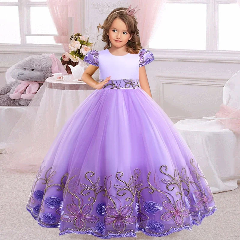 Girls lace sequin princess dress 2024 new children\'s embroidered bow puffy dress carnival birthday Christmas performance clothin